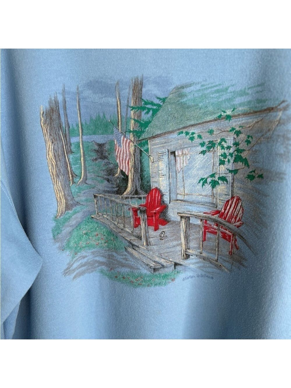 90s Cabin Sweatshirt by Northern Reflections Cabin Scenery Light Blue Size XL - Picture 4 of 11